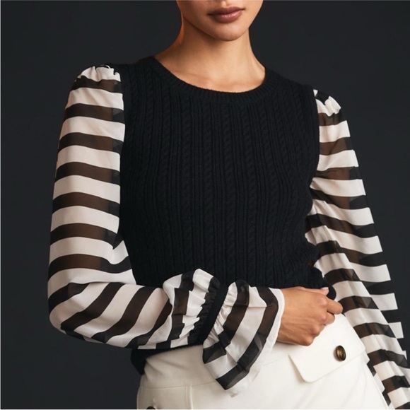 Maeve Black cable knit & sheer stripe sleeves - Picture 1 of 8